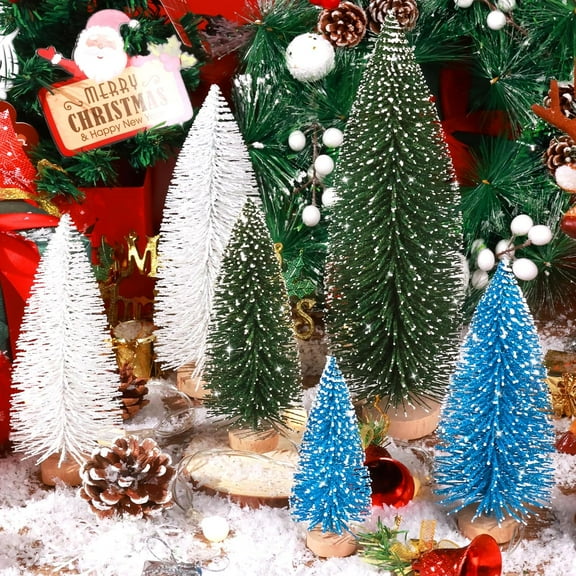 6pcs Mini Christmas Trees Decorations - Small Bottle Brush Trees, Artificial Tabletop Christmas Tree for Indoor Outdoor Home Room Party 3.93in(1pcs) ,5.9 in(3pcs),7.87 in(1pcs )and 9.84 in(1pcs)
