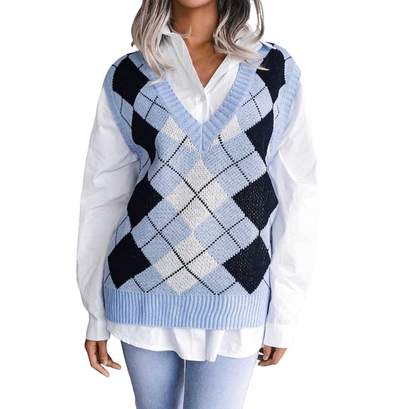 Women's Sweaters Elegant Argyle Print V Neck Sleeveless Loose Knit Vest Casual Multi Season Fashion Outer Sweater Top