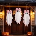 thumbnail image 3 of 3 Pcs Halloween Hanging Ghost Decorations for Pink Coquette Fall Home Decor, 31.5 Inch White Fabric with Black Eyes and Bow, Indoor Outdoor Hanging Pendant for Porch Window, 3 of 6