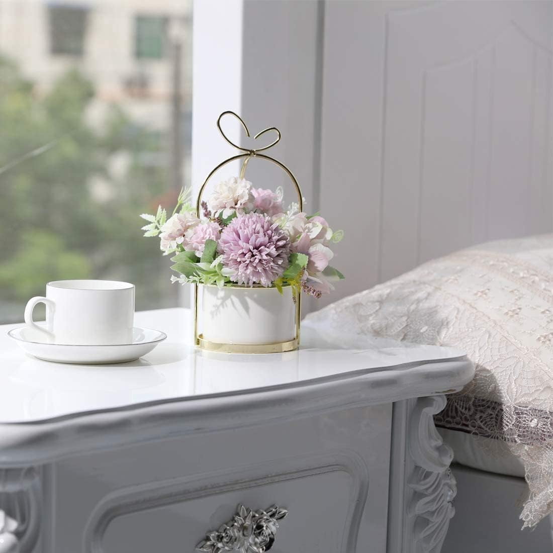 Artificial Flowers Hydrangea with Ceramic Vase Silk Chrysanthemum Mini Potted Fake Flowers Hanging Potted Plants for Wedding Home Office Decoration Pack of One (White)