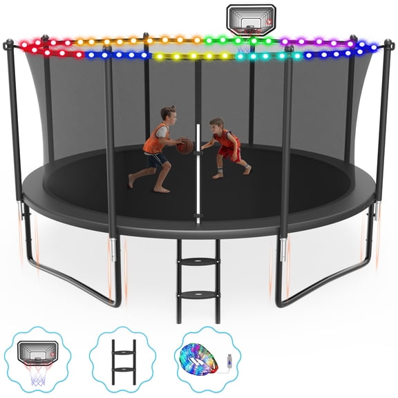 Cochan 12FT Trampoline with Enclosure for Adults and Kids, Outdoor Heavy Duty Trampoline with Lights, Kids Trampoline with Basketball Hoop, Birthday Gift, 1200LBS Weight Capacity