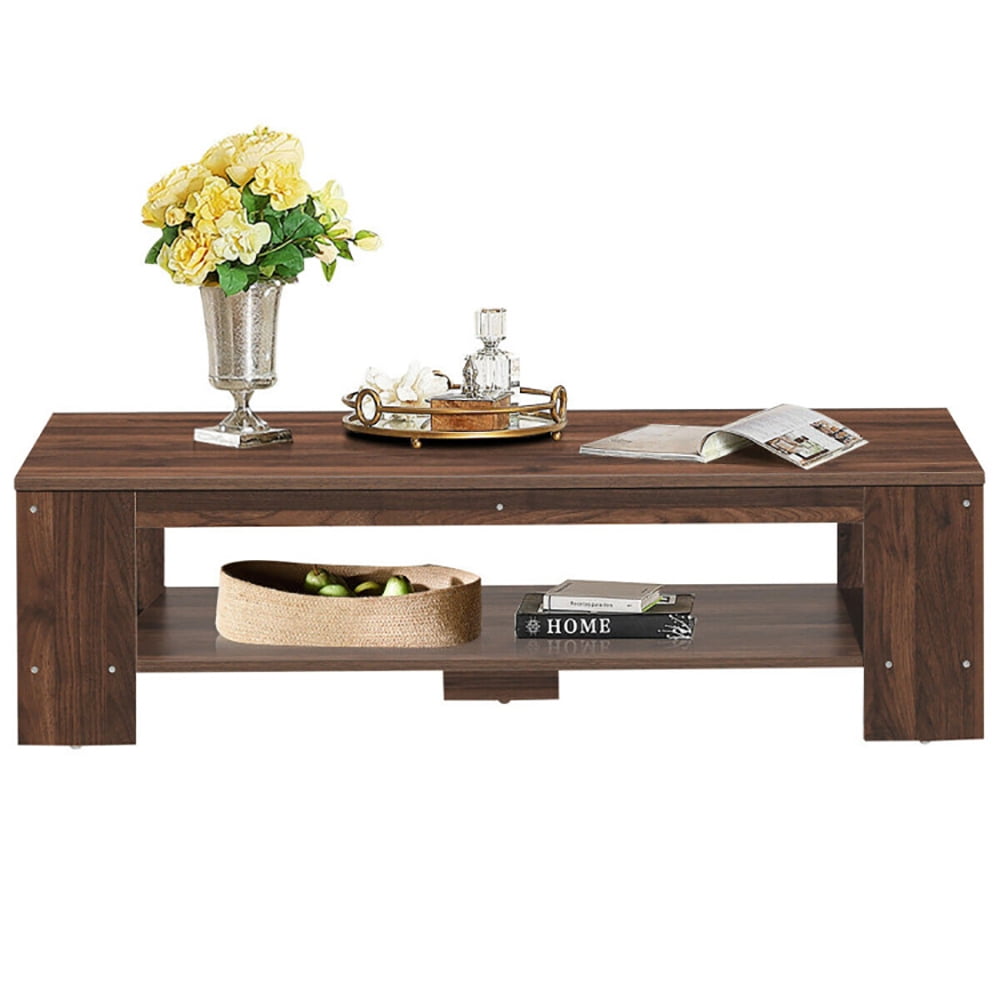 Finihen Rectangular Coffee Table, 47 Inch 2-Tier Rectangular Coffee Table with Storage Shelf, for Living Room, Reception Room, Office, Brown Finihen Rectangular Coffee Table, 47 Inch 2-Tier Rectangular Coffee Table with Storage Shelf, for Living Room, Reception Room, Office, Brown