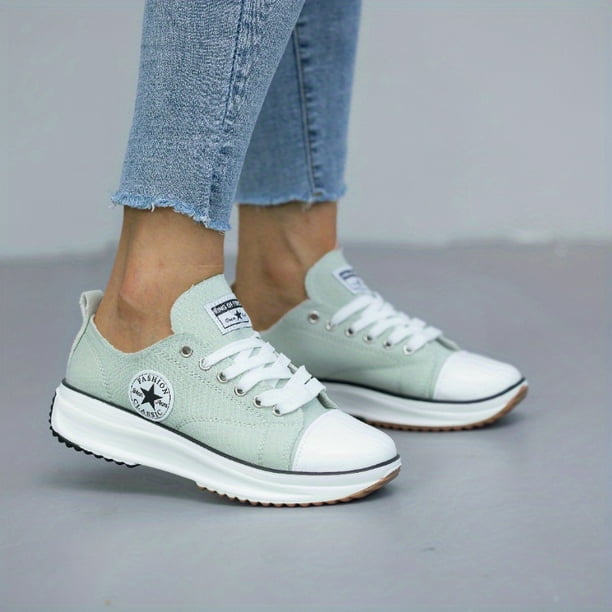 Zapatos de lona con plataforma para mujer, zapatillas con cordones y punta redonda de color sólido, zapatos bajos casuales