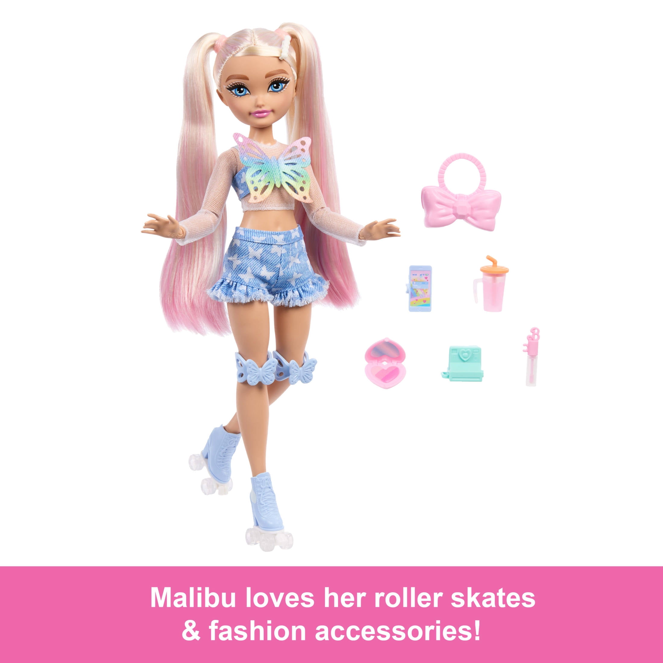 Dream Besties Barbie "Malibu" Roller Skating Fashion Doll with 9 Makeup Themed Accessories