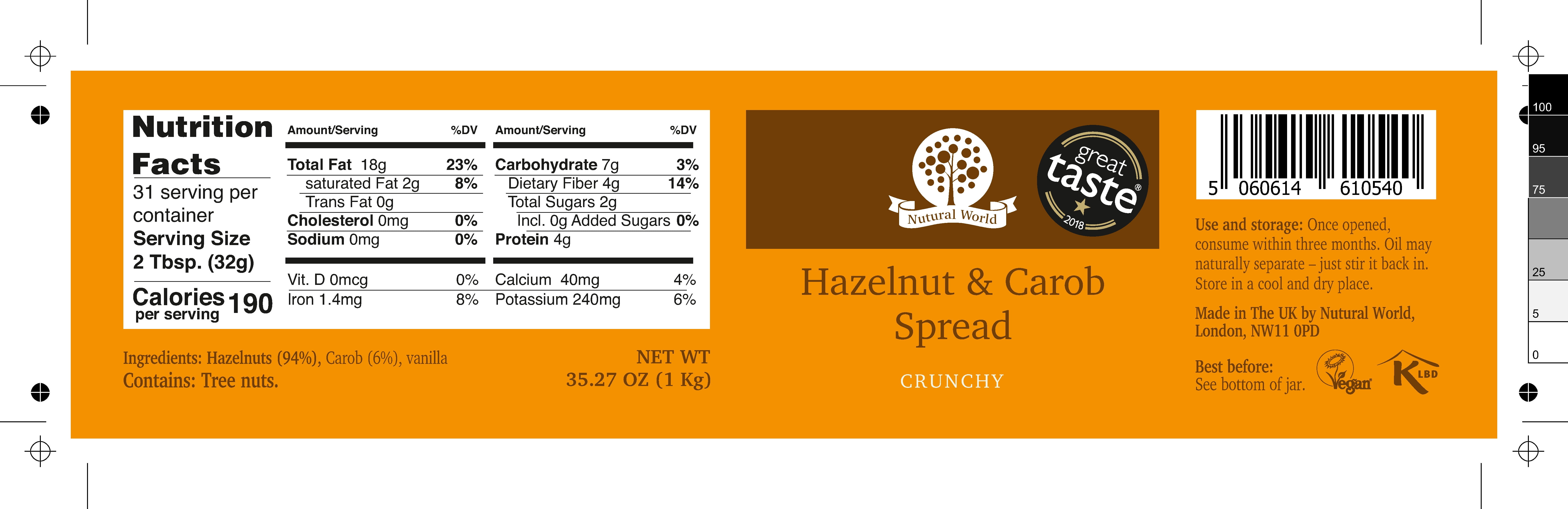 Nutural World - Crunchy Hazelnut and Carob Spread 35 oz (1kg) - Great Taste Award Winner