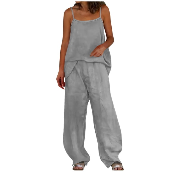 Enjoytime Two Piece Sets for Women Summer Vacation Beach Travel Outfits Spaghetti Strap Tank Tops with Pants Loungewear Set