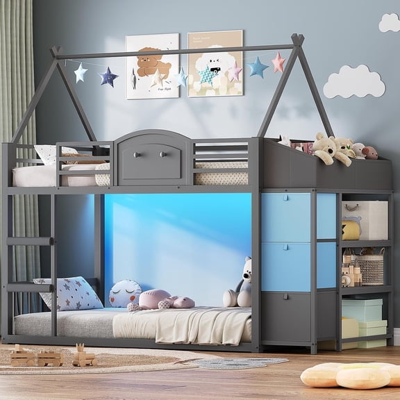 Twin Over Twin Bunk Bed with 3 Storage Drawers and Shelves, House Shaped Loft Bed with LED Lights