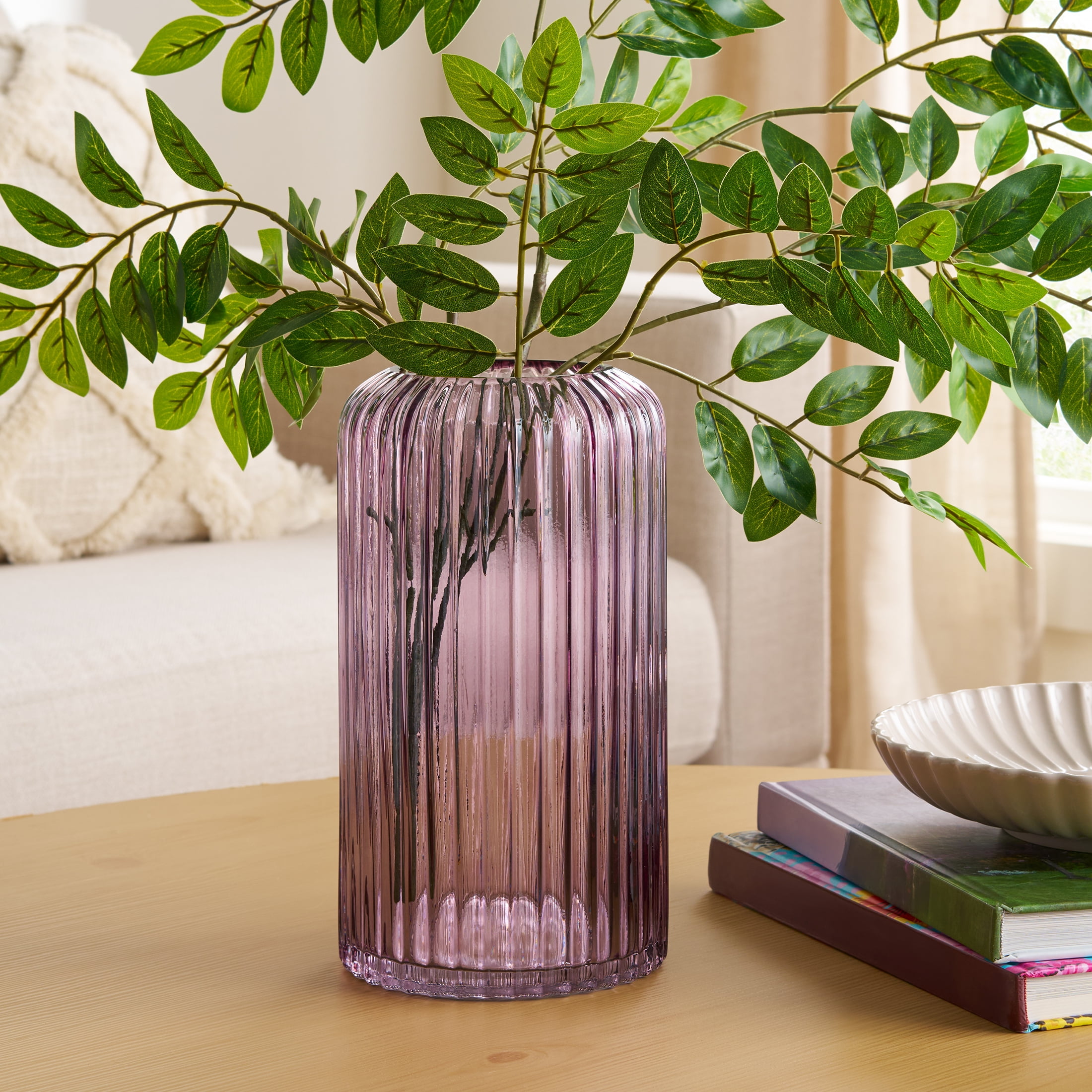 Better Homes & Gardens 9.8" Pink Ribbed Cylinder Glass Vase