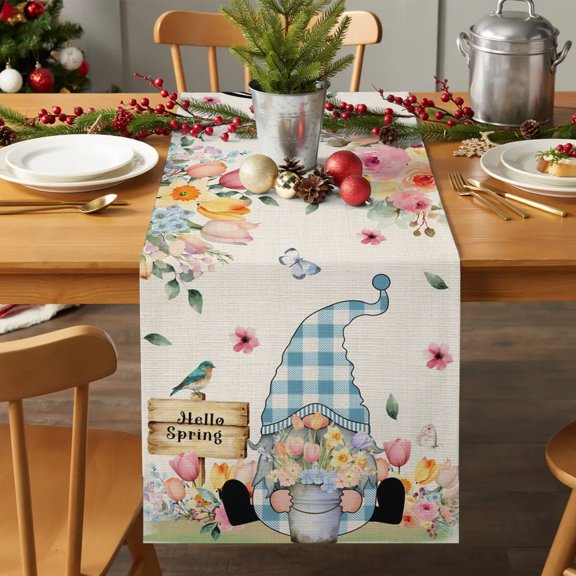 Table Runner 90 Inches Long - Rustic Gnome Farmhouse Flower Decorative Table Scarf, Spring Pastoral Linen Theme Dining Table Runners for Wedding Party Kitchen Dining Tables