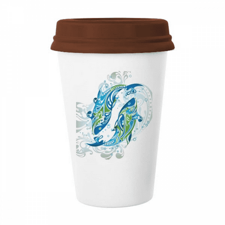 

Fish Waves Sea Animal Art Deco Fashion Mug Coffee Drinking Glass Pottery Cerac Cup Lid