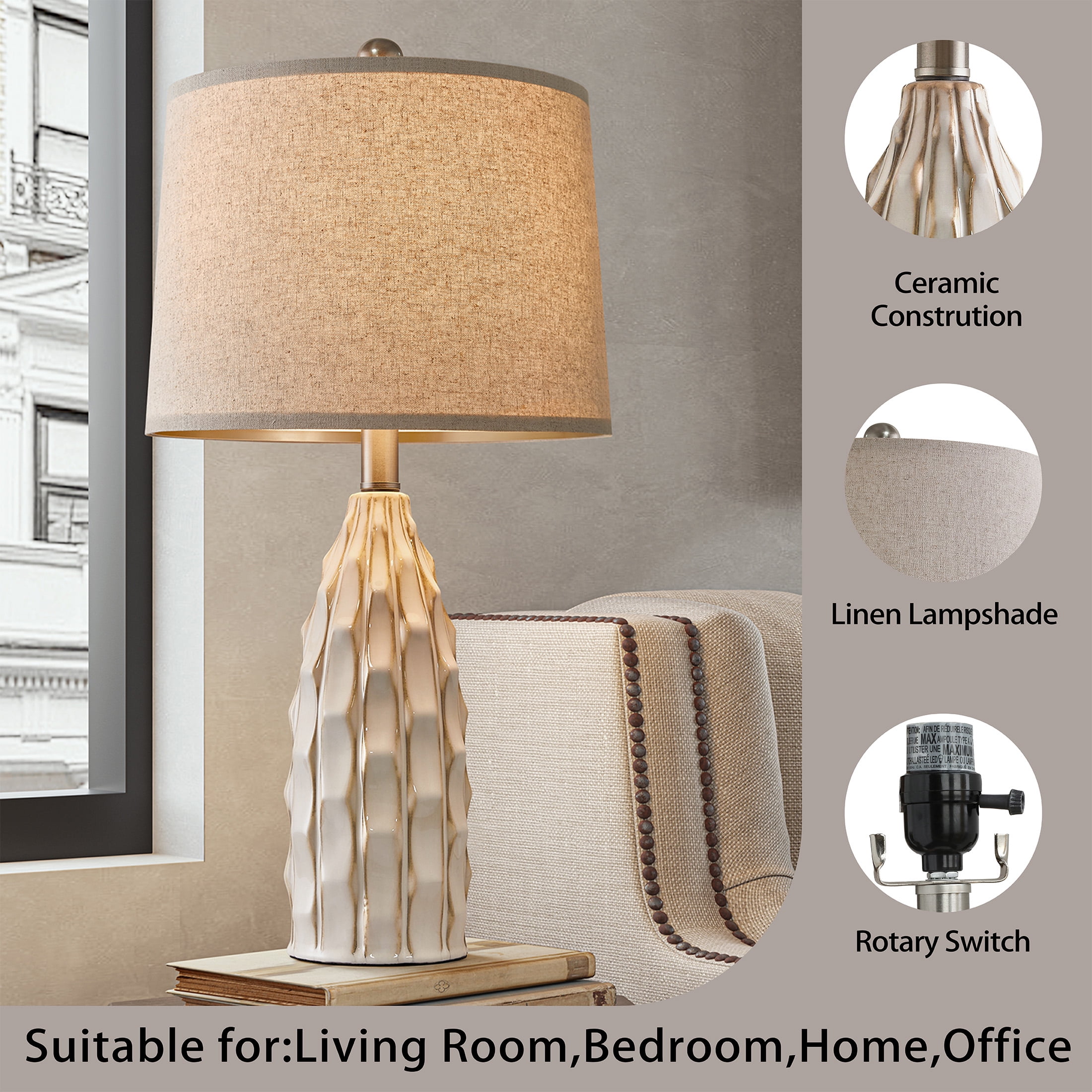 Oneach Ceramic Table Lamps Set of 2 for Living Room Bedroom 23.75" Modern Bedside Nightstand Lamps