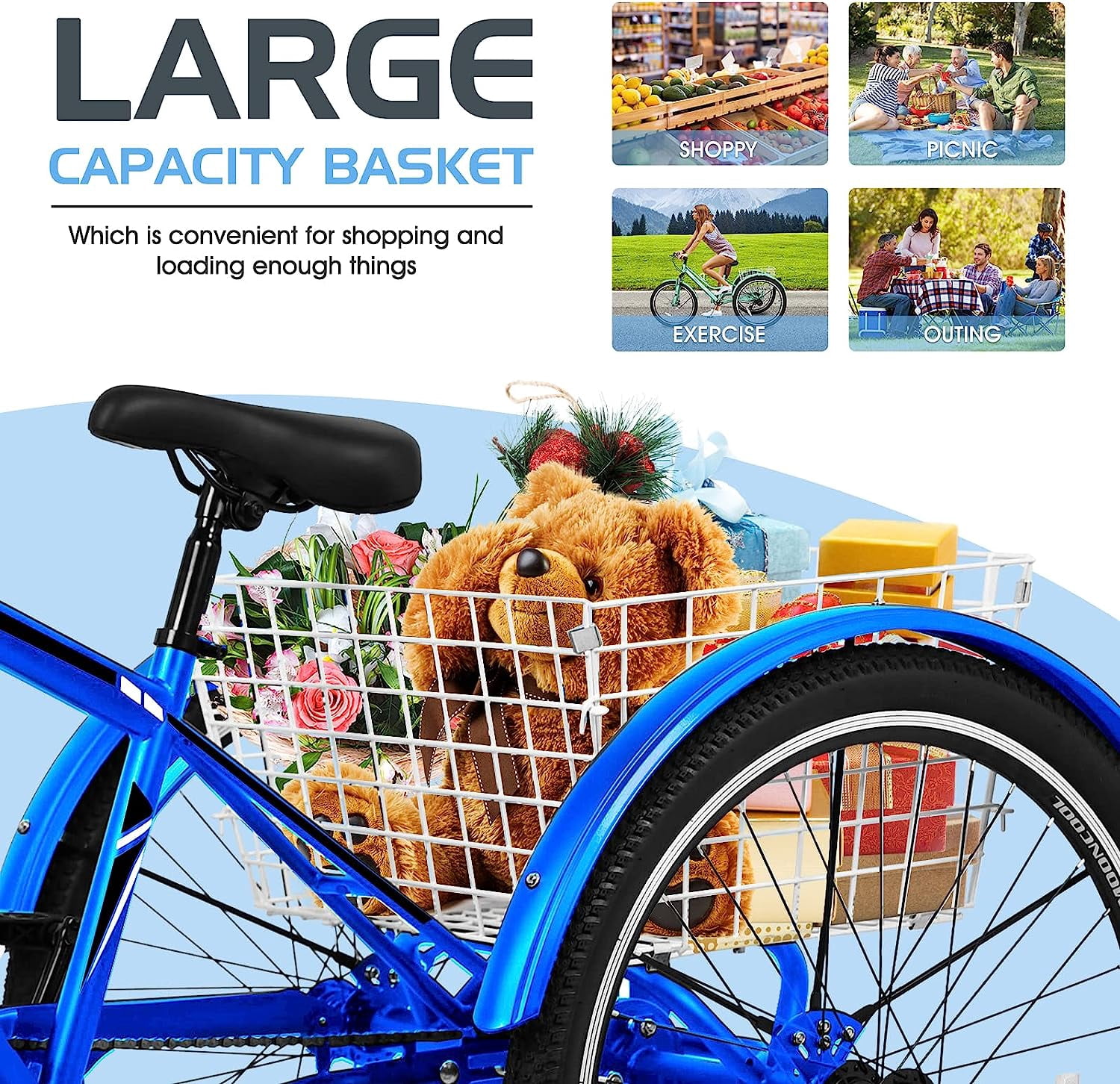 FICISOG 27.5"Adult Mountain Tricycle, 3 Wheeled 7-Speed Mountain Tricycle Cruiser Bike with Cargo Basket, Unisex