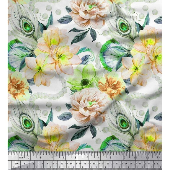 Soimoi Green Cotton Duck Fabric Peacock Feather & Floral Decor Fabric Printed BTY 42 Inch Wide