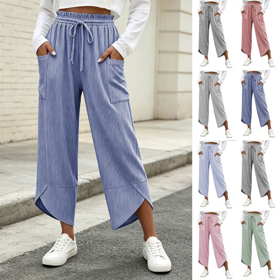 Women Striped Cropped Capri Pants Sevevn Drawstring Elastic Waist Irregular Hem Casual Trousers With Large Side Pockets, Multi‑Color Options For Summer Daily Wear