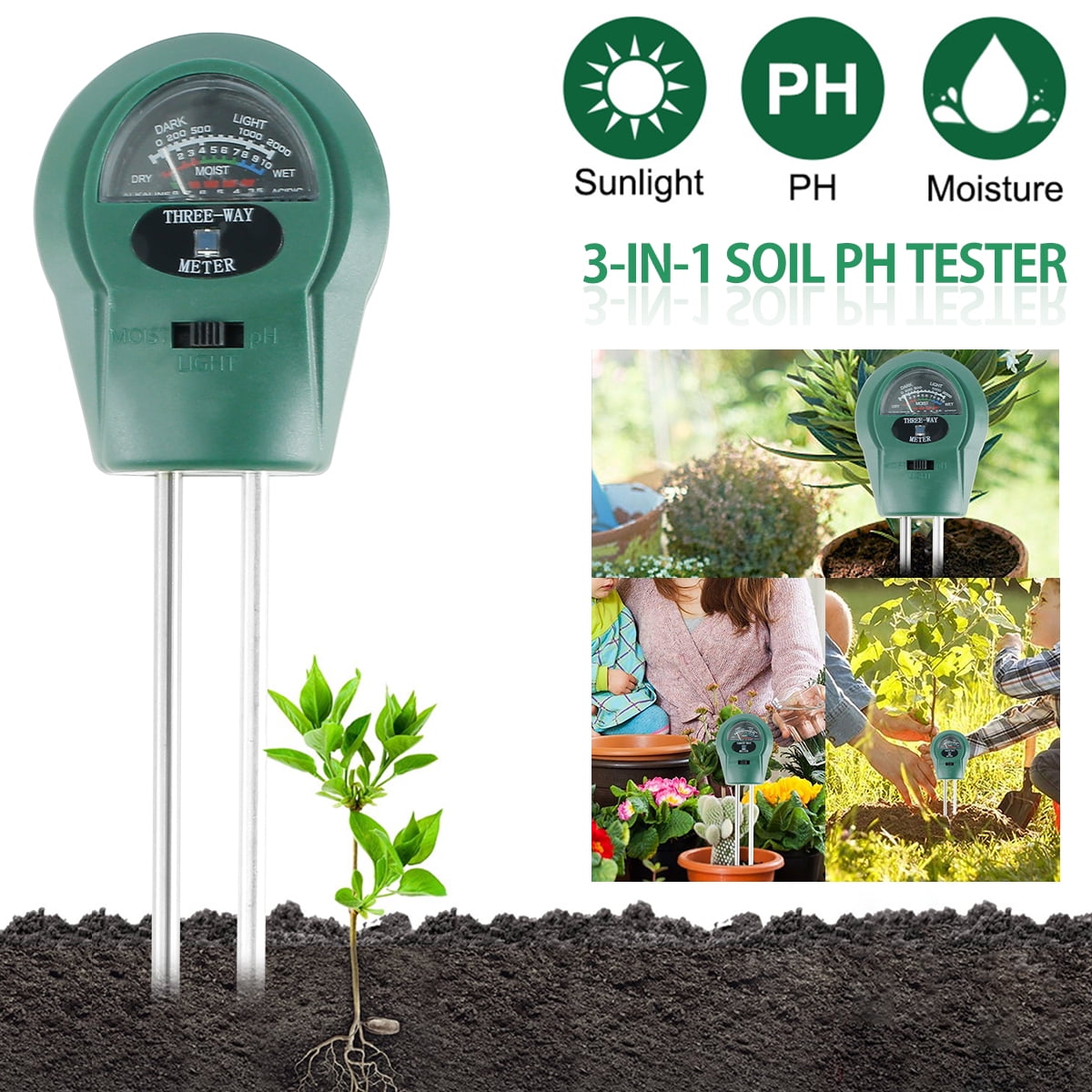 Three-in-one Gardening Detector PH Meter Soil Hygrometer Illuminance Tester Green 