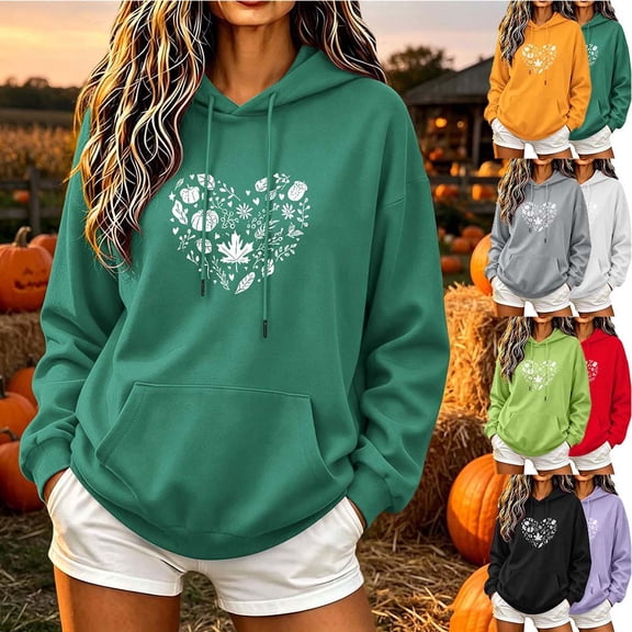 Otvok Women Thanksgiving Hooded Sweatshirt, Botanical Maple Pumpkin Heart Pattern Soft Fleece Relaxed Fit Hoodie