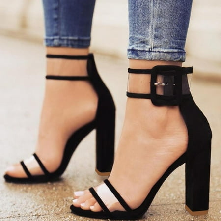 

Sandals Color Women Transparent Toe Casual Shoes Solid Suede Peep Sandals Strap Buckle Heels Single High Women s Sandals