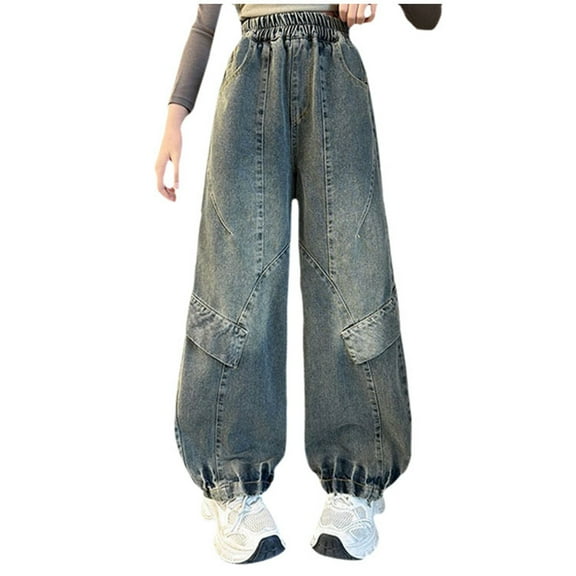 Gibobby Girls Jeans Wide Leg Skinny Denim Pants Ripped Baggy High Waisted with Pockets Teen Casual Kids Big Girls Bootcut Denim Pants(Blue,6-7 Years)
