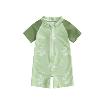 

Woshilaocai Toddler Boy Rash Guard Swimsuits Tree Print Short Sleeve Bathing Suit