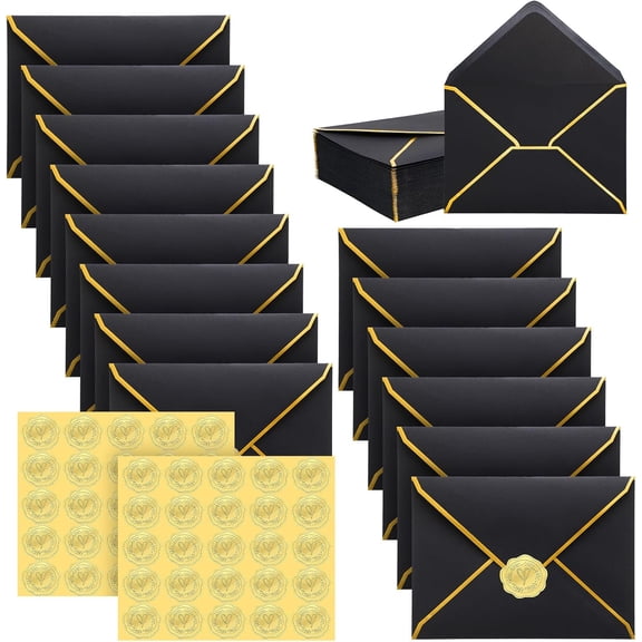 50 Pack Black A7 Envelopes with Gold Border & Gold Stickers, V‑Flap Invitation Envelopes for 5x7 Cards, Wedding, Graduation, Baby Shower, Greeting Cards