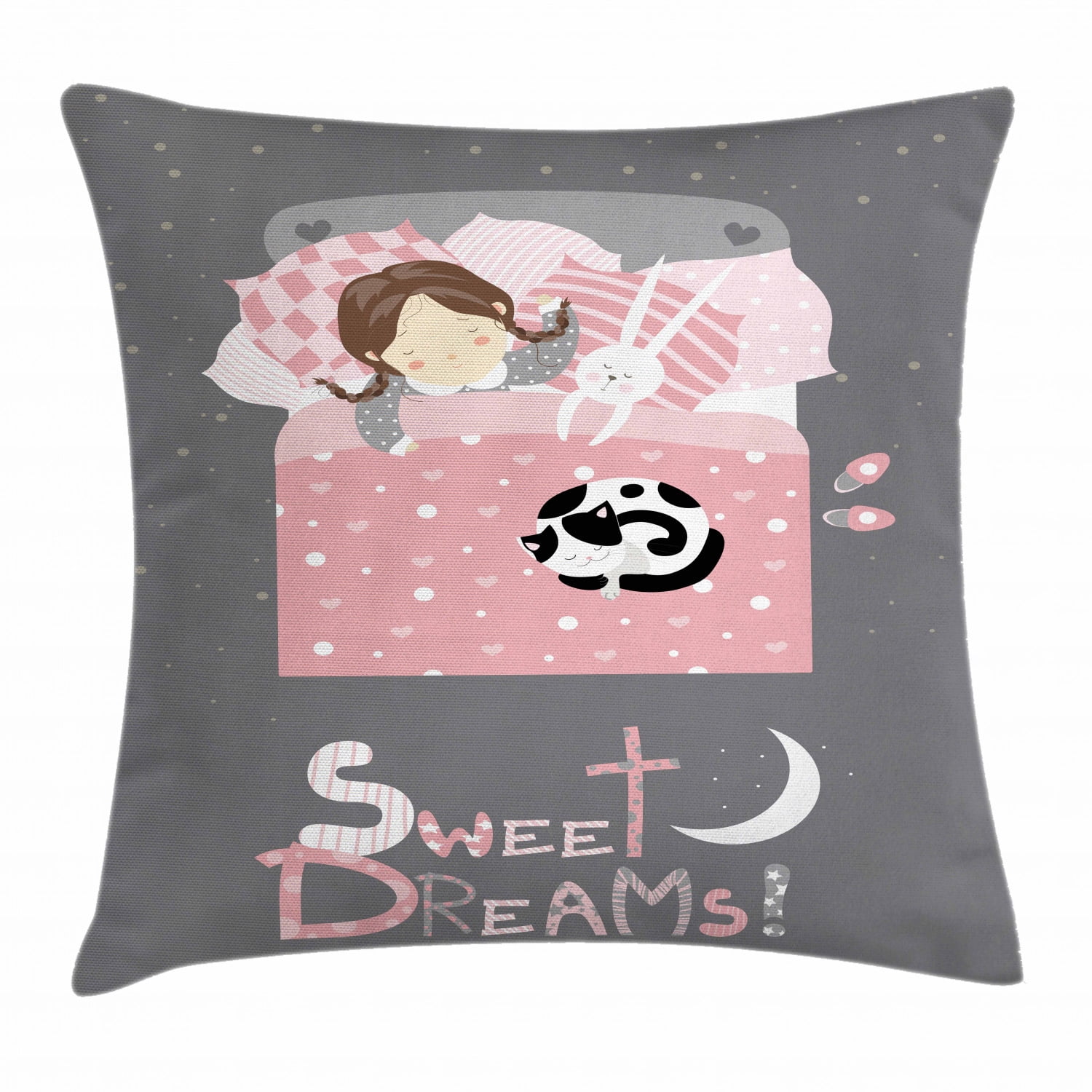 Sweet Dreams Throw Pillow Cushion Cover, Girl Sleeping with a Bunny and