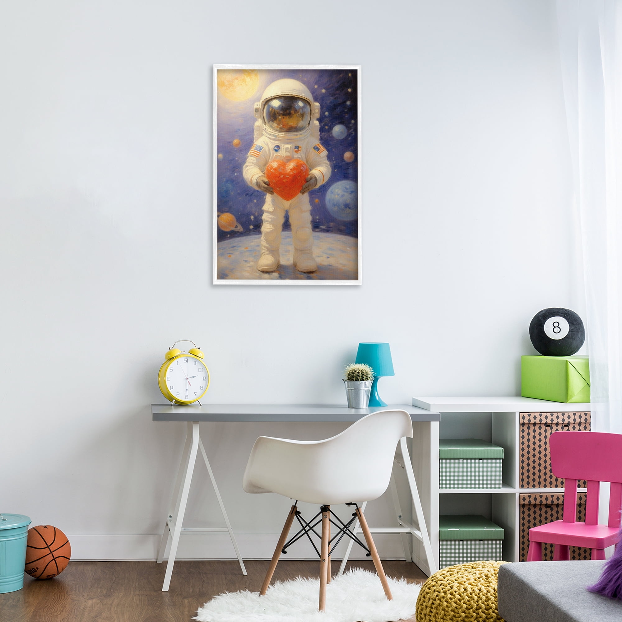 Astronaut Holding Heart White Framed Giclee Art, design by Angie Hawke
