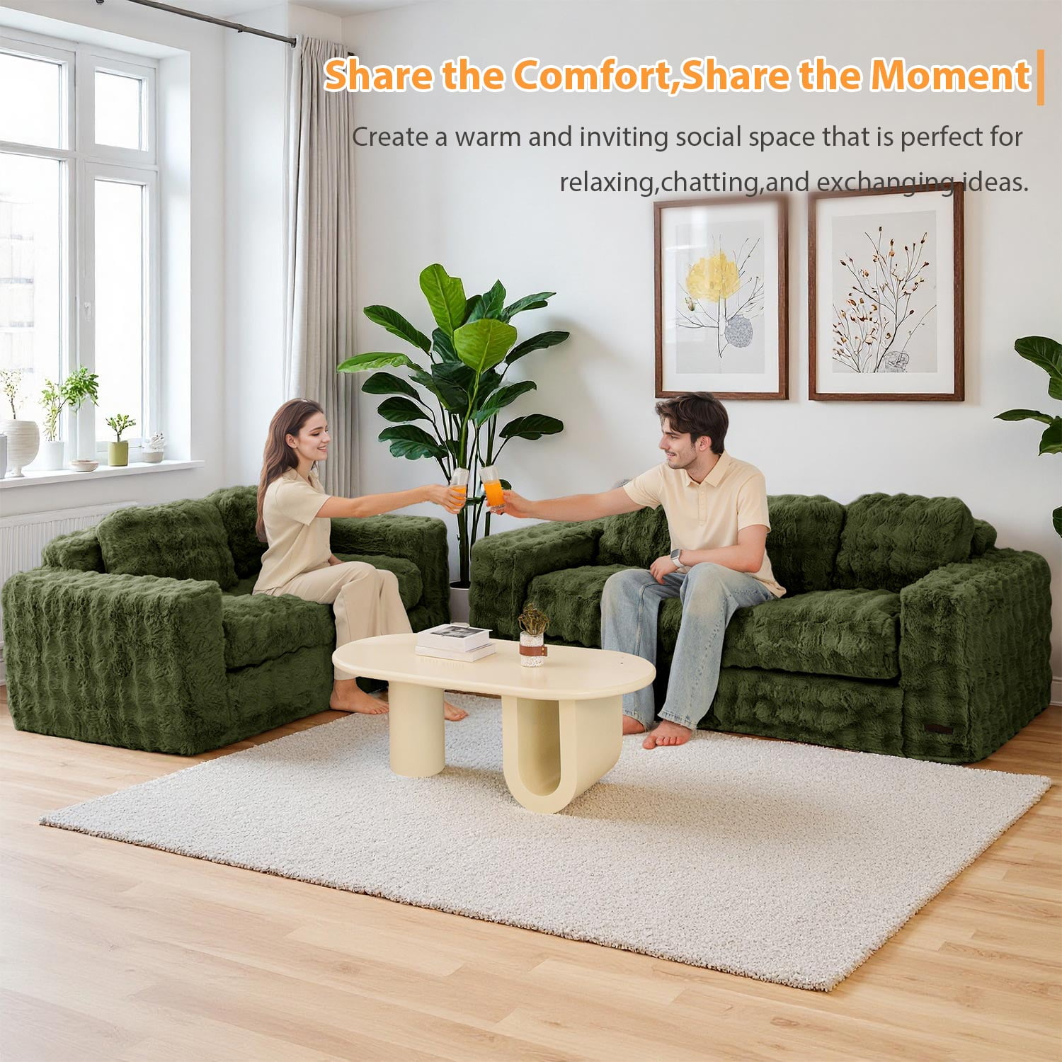 GOODONE 3 Seater Couch,Giant Bubbled Boneless Sofa Couch,Modern Comfy Floor Sofa with Armrests for Living Room and Apartments,No Assembly Required,Green
