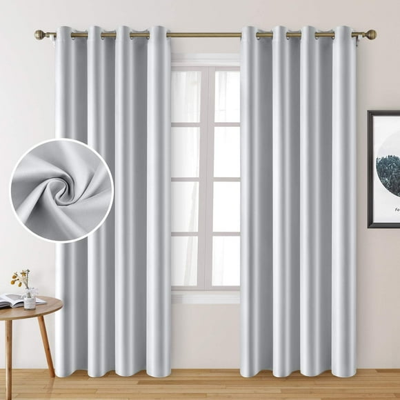 HOMEIDEAS Greyish White Curtains Faux Silk Blackout Curtains 2 Panels for Bedroom 52 X 96 Inch Room Darkening Satin Drapes/Curtains, Thermal Insulated Blackout Window Curtains for Livin