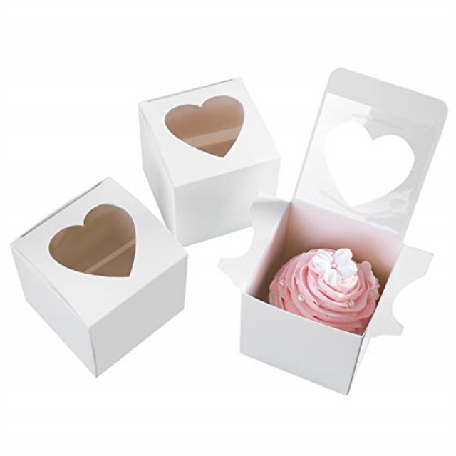 one more 3"mini single favor white cupcake boxes with heart shape