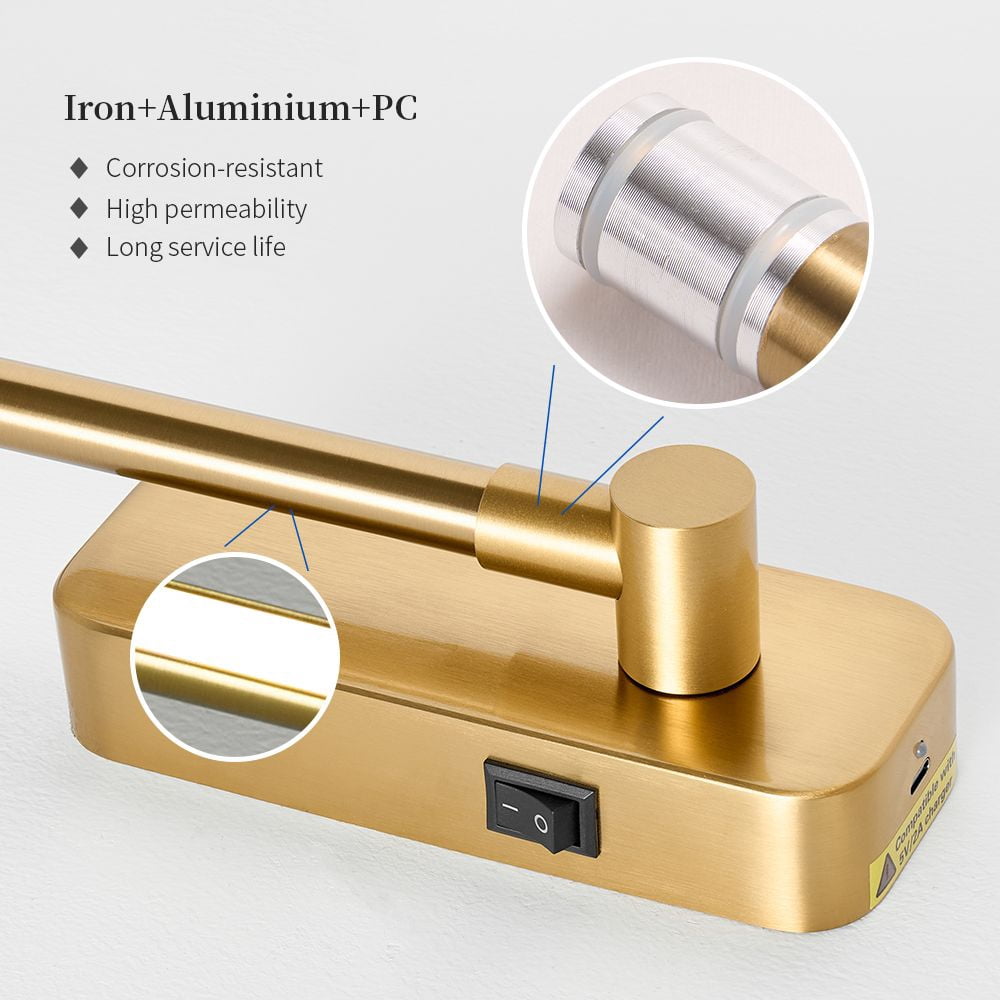 VBattery Operated Wall Sconces with Remote, Rechargeable Magnetic Wireless LED Picture Lights, 3-Color Dimmable Swing Arm Brass Gold Wall Light for Bedroom, Hallway (2 Pack)