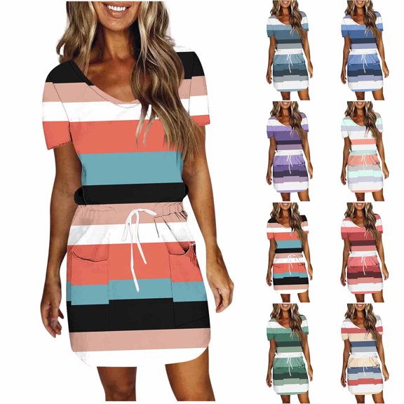 Ashirexll Womens Summer Dresses, Midi Dresses for Women, Fashion Solid Color Short Sleeve Round Neck Mid Calf Dress