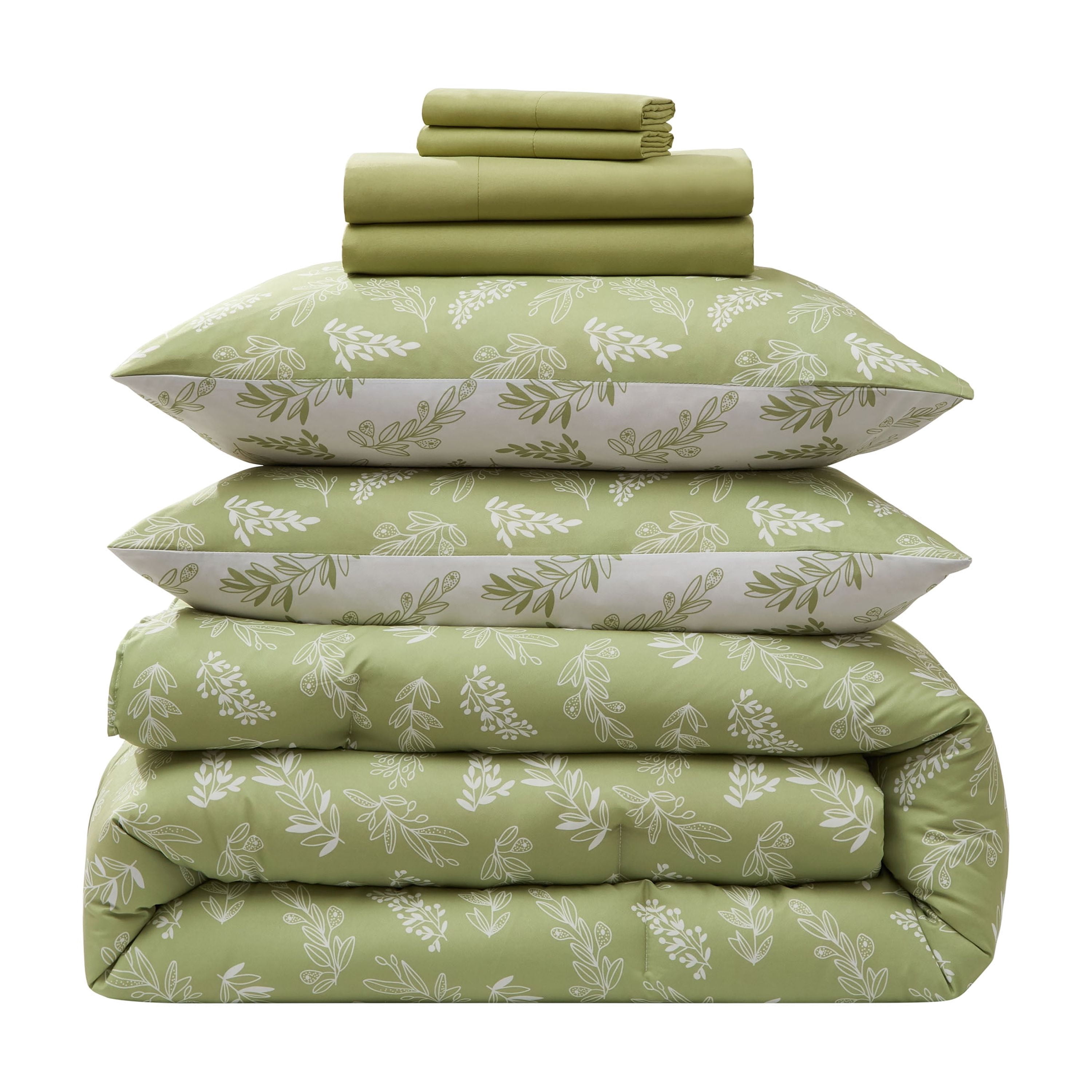 LammaLoe Queen Comforter Set, 7 Piece Botanical Bed in a Bag, Reversible Bedding Comforter Set with Sheets, Modern Queen Bed Set, Sage Green/Off White