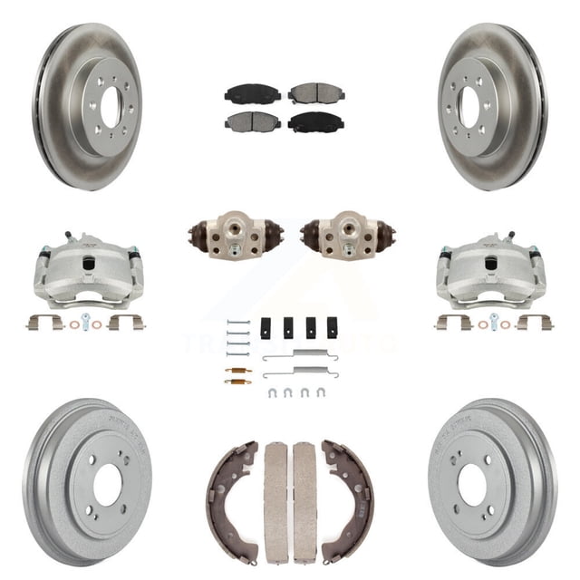 Transit Auto Front Rear Disc Brake Caliper Coated Rotors Drums Semi-Metallic Pads Shoes Wheel Cylinders and Hardware Kit (11Pc) for Car Honda Insight KCG-100339S