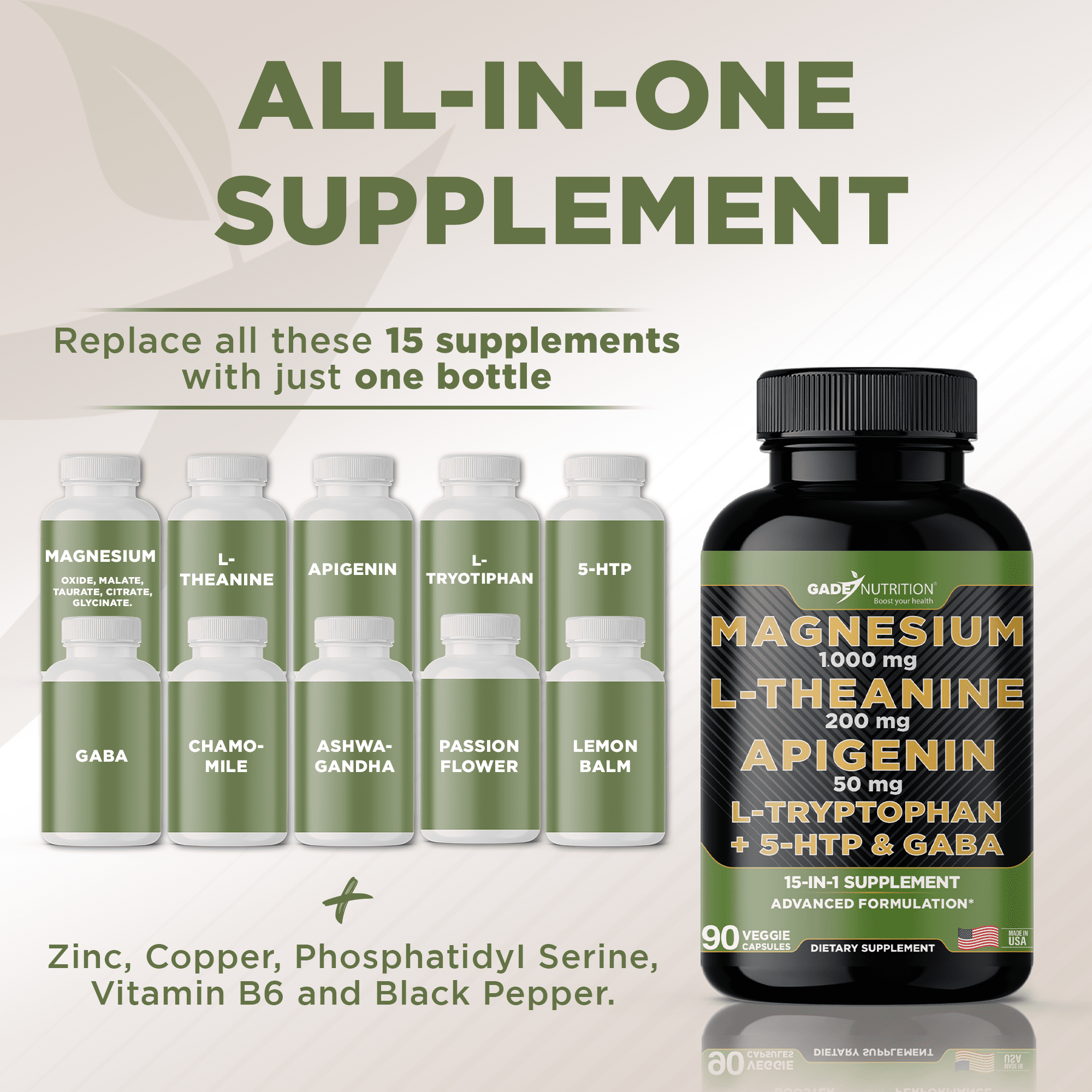 Gade Nutrition Magnesium 1,000 mg with L-Theanine, Apigenin, L-Tryptophan, 5HTP & GABA