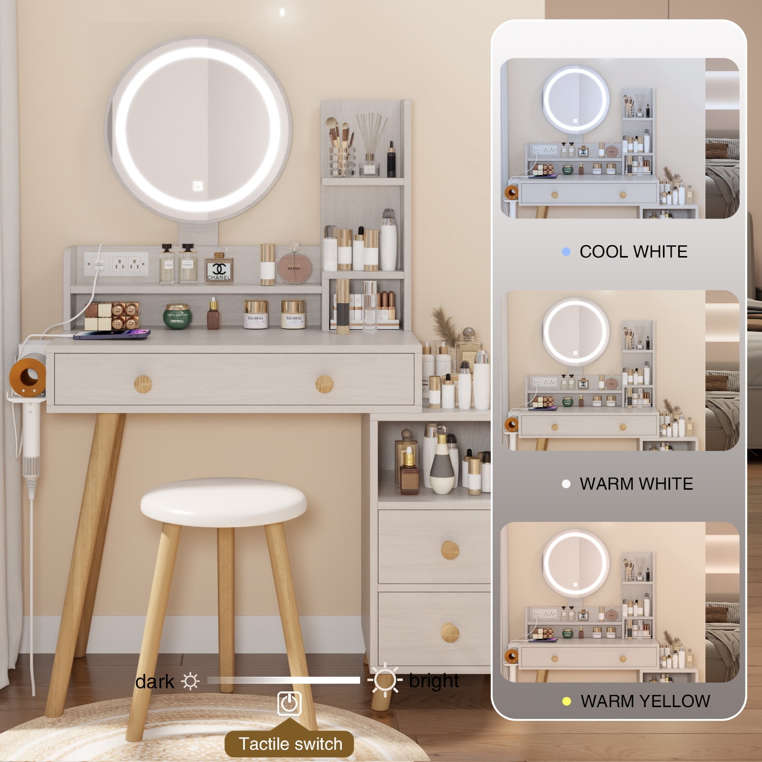 AENKYO Vanity Table Set with LED Mirror & Stool, Touch Control 3-Color Lighting, Multi-Layer Storage, Large Makeup Desk for Girls & Women - White