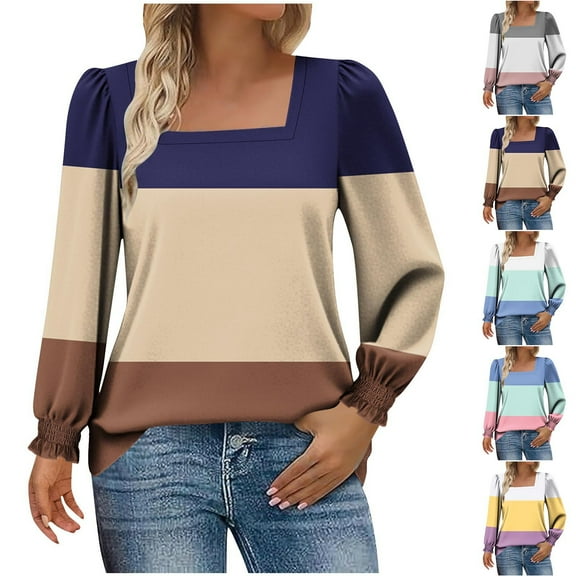 Bixock Workout Tops for Women,Women Long Sleeve Shirts,Blouses for Women Print Neck Puff Sleeve Tops Winter Casual Loose Soft Lightweight Tops
