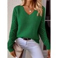 thumbnail image 6 of Women V Neck Knit Hollow Openwork Lantern Long Sleeve Ribbed Cuff Loose Fit Knit Pullover Sweater Green M, 6 of 8