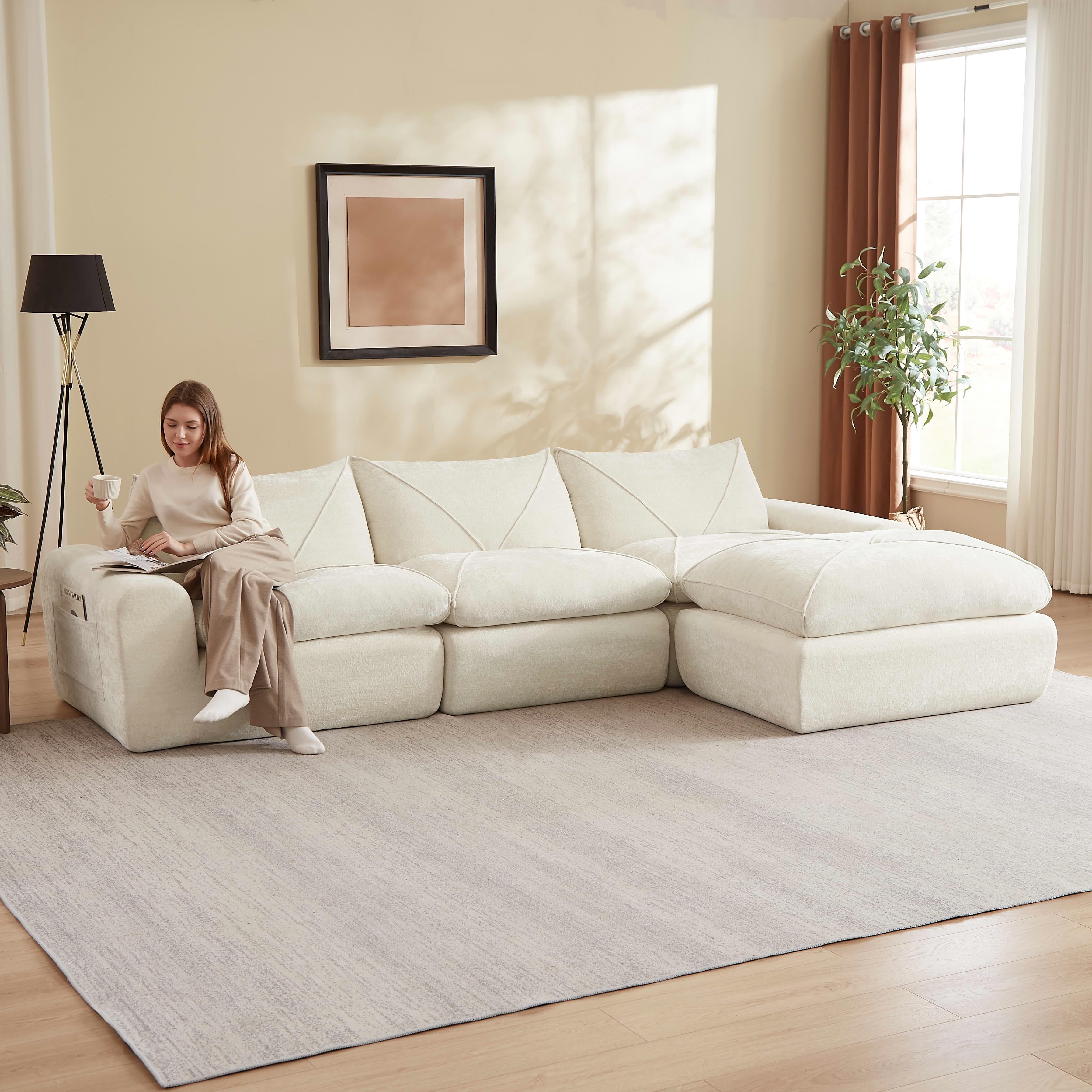 MAYEERTY 119" Cream Chenille L-Shaped Modular Sectional Sofa, Spring Support for Living Room Apartment