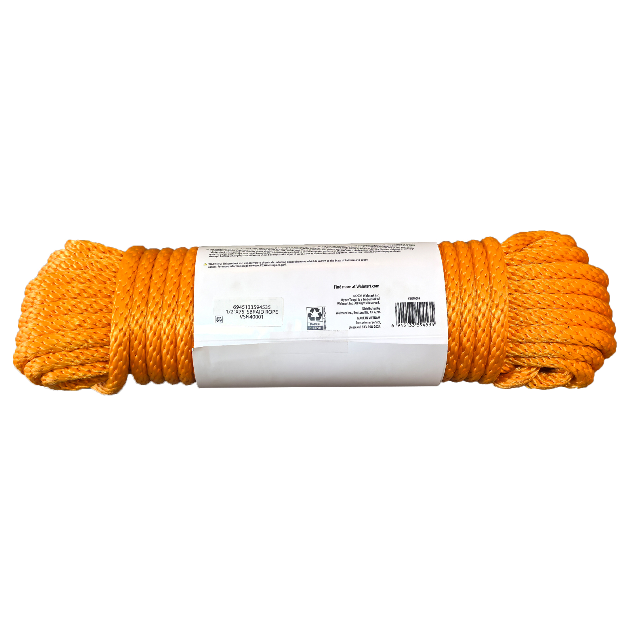 Hyper Tough 1/2 inch x 75 feet Orange Polypropylene Solid-Braid Rope