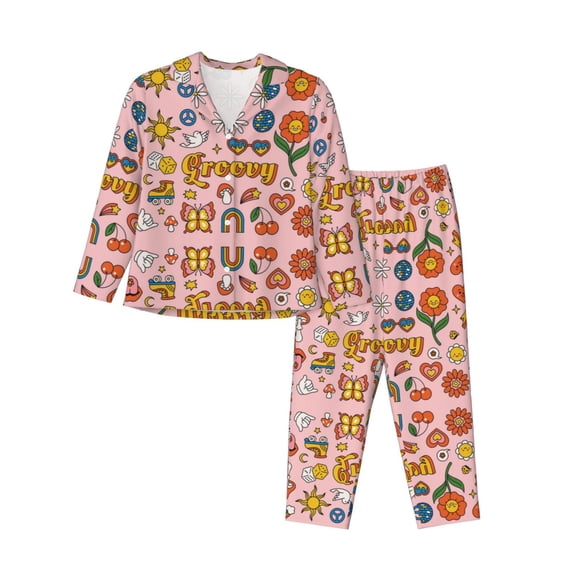 Pajamas for Women Set - Retro 70s Hippie Comfy Long Sleeve Button Up Pajama Sets for Women 2 Piece, Soft Sleepwear Nightwear Pjs Lounge Sets for Women with Pockets