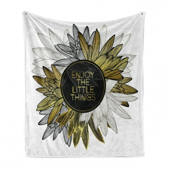 Enjoy the Little Things Soft Flannel Fleece Throw Blanket, Floral Bouquet with Inspirational Message Positivity, Cozy Plush for Indoor and Outdoor Use, 70" x 90", Yellow Off White Black, by Ambesonne