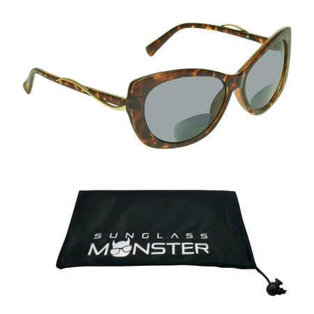 Sunglass Monster Womens BIFOCAL Sunglasses Sun Readers with Cat Eye Fashion Oversized Sexy Tortoise Shell Brown Frame with Smoke Lens
