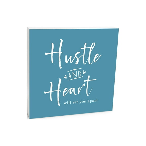 Hustle Heart Cerulean Blue 10 x 10 Wood Tabletop Sign Plaque
