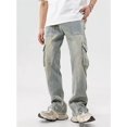 thumbnail image 4 of Pantalones vaqueros amarillos para hombre, monos de Color sólido Y2K con botones, cremallera multibolsillos para hacer pantalones viejos, sueltos, A148, 4 of 6