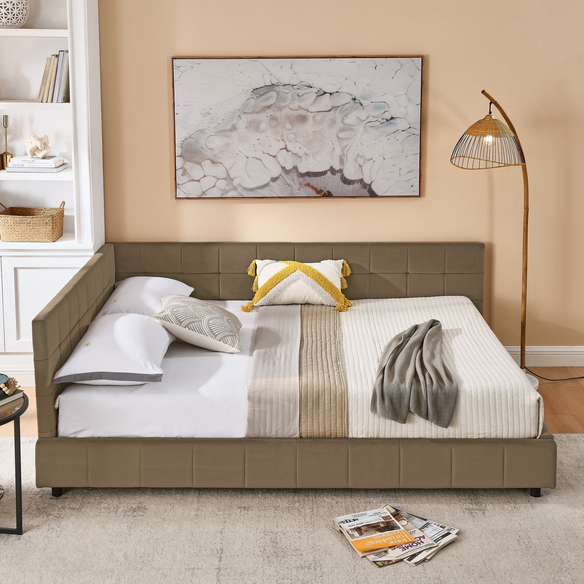 [Luckynote]Queen Size Upholstered Tufted Bed Frame, Sofa Bed Frame with Comfortable Backrest and Armrests, Queen Size Bed for Bedroom, Living Room,Velvet, brown