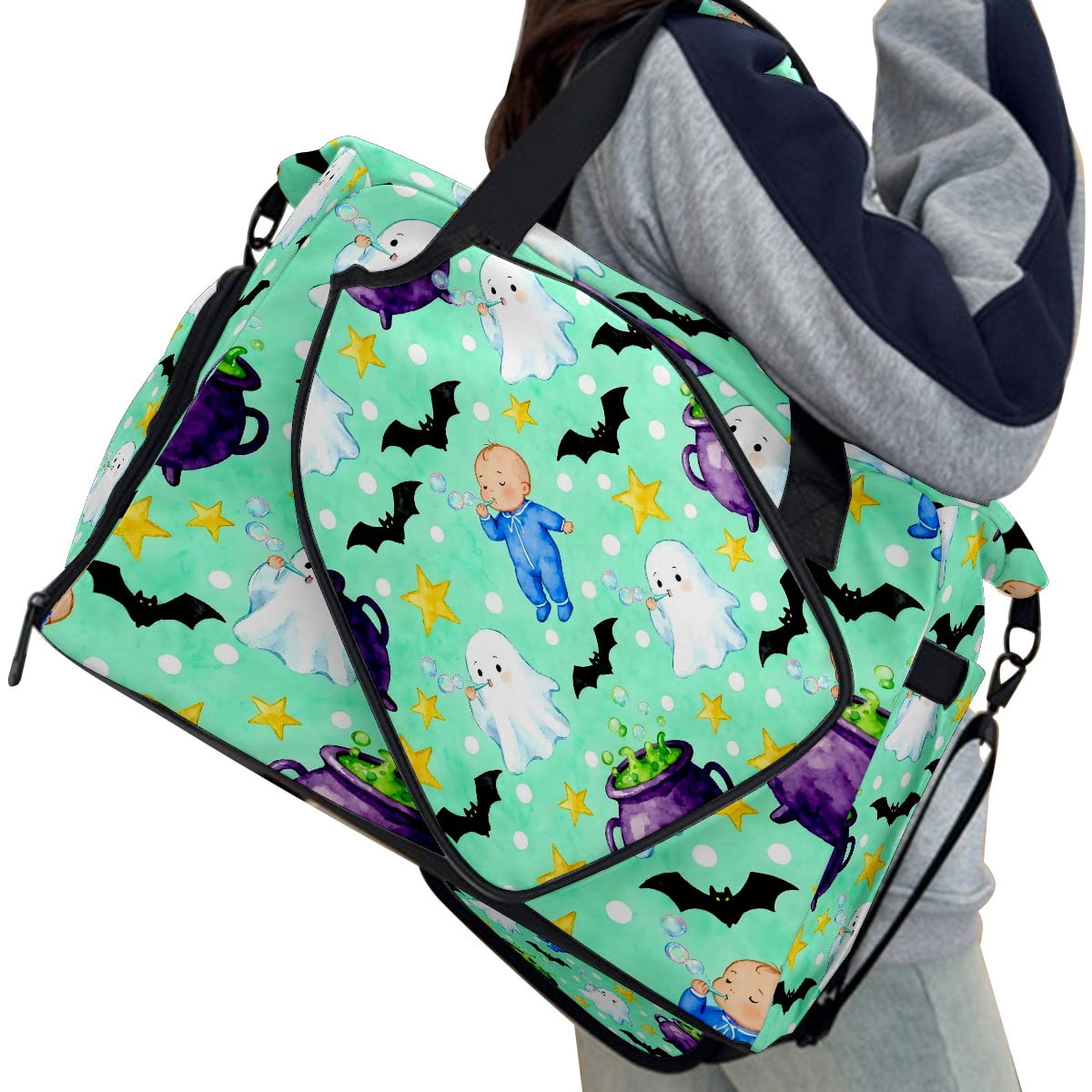 Large Gym Bag with Shoe Compartment, Water-Resistant Duffle Bag for Men and Women, Mint Green Halloween Ghosts & Baby Sports Tote for Workout Travel