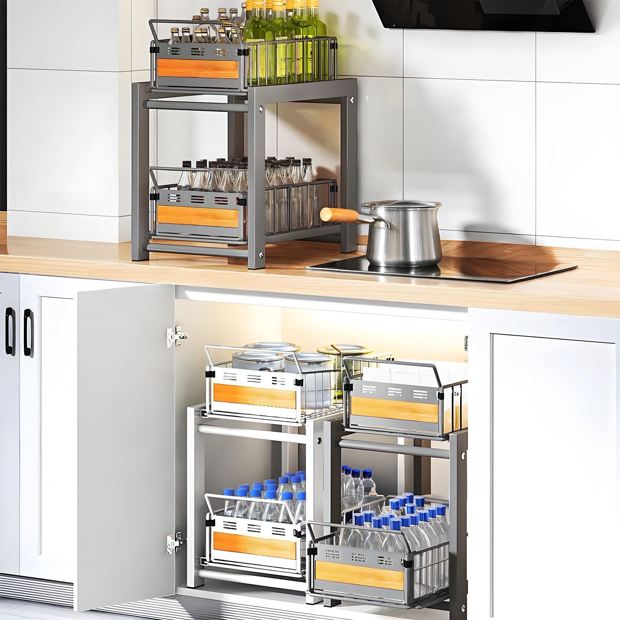 Storvive Metal Under Sink Organizers and Storage, 2-Tier Double Sliding Drawer Cabinet Organizer, White