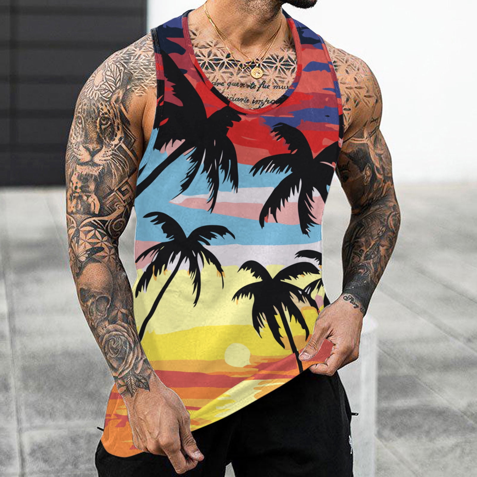 Male Summer Beach Hawaii Printed Tank Tops I Shaped Round Neck Sleeveless Vest Blouse Mesh Top Large T Shirt T Shirts Pack Shirt Bulk Shirt Long Sleeve Men Long Sleeve