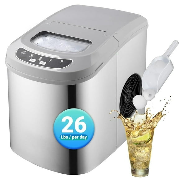 Smad 26Lbs Countertop Ice Maker Bullet Shaped Ice Cube Ice Mini Machine Silver