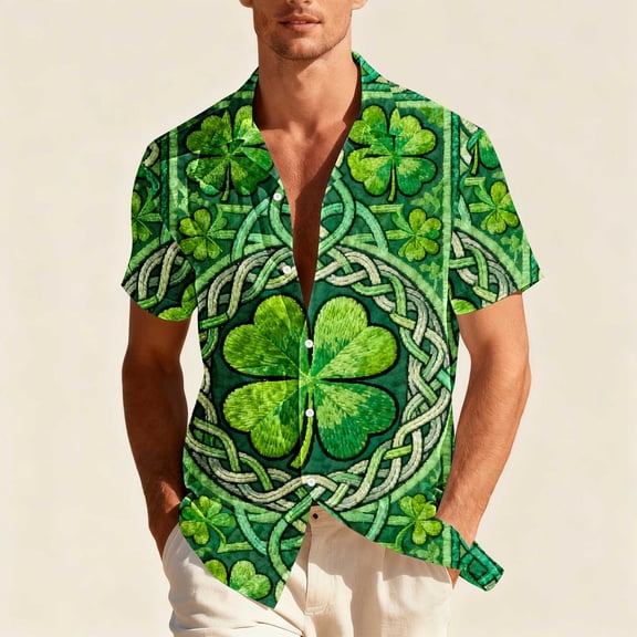 St Patrick's Day Shirt for Men Oversized Button Down Irish Shamrocks Print Lapel Short Sleeve Shirts Summer Collared Hawaiian Beach T Shirts